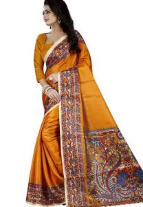 Mustard Printed Kalamkaari Khadi Silk Sarees With Blouse