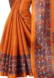 Mustard Printed Kalamkaari Khadi Silk Sarees With Blouse