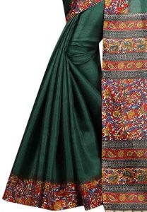 Green Printed Kalamkaari Khadi Silk Sarees With Blouse