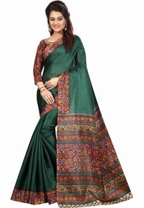 Green Printed Kalamkaari Khadi Silk Sarees With Blouse