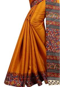 Mustard Printed Kalamkaari Khadi Silk Sarees With Blouse