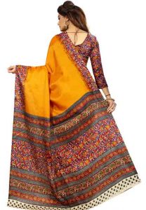 Mustard Printed Kalamkaari Khadi Silk Sarees With Blouse