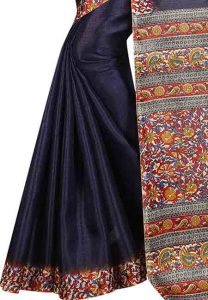 Navy Blue Printed Kalamkaari Khadi Silk Sarees With Blouse