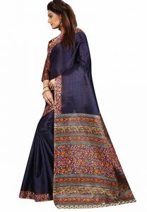 Navy Blue Printed Kalamkaari Khadi Silk Sarees With Blouse