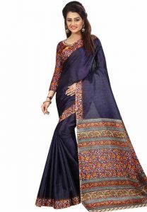 Navy Blue Printed Kalamkaari Khadi Silk Sarees With Blouse