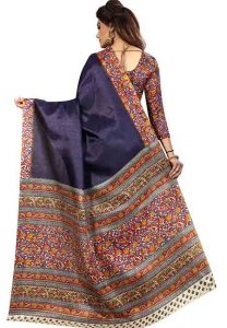 Navy Blue Printed Kalamkaari Khadi Silk Sarees With Blouse