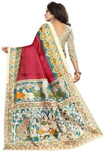 Wine Printed Kalamkaari Khadi Silk Sarees With Blouse