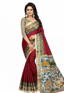 Wine Printed Kalamkaari Khadi Silk Sarees With Blouse