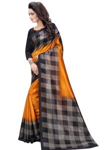 Mustard Checks Printed Mysore Art Silk Sarees With Blouse