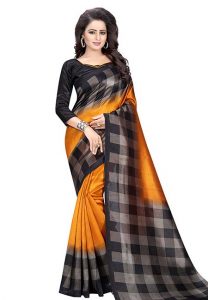 Mustard Checks Printed Mysore Art Silk Sarees With Blouse