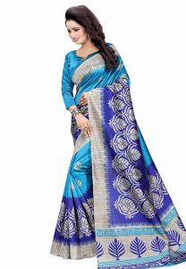 Mysore Blue Printed Mysore Art Silk Sarees With Blouse