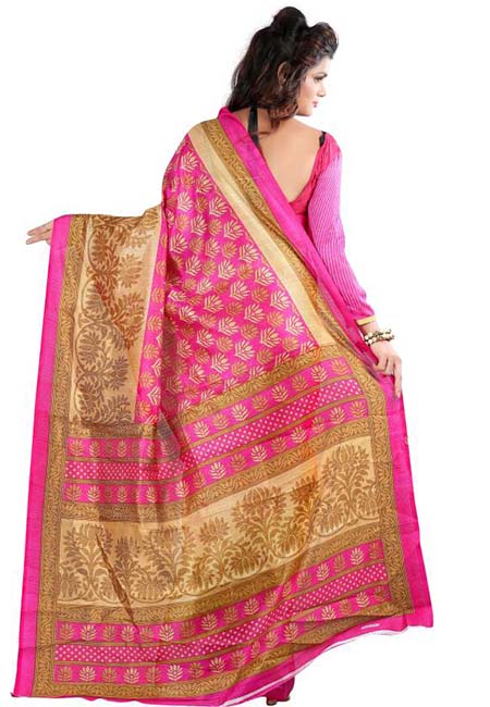 Pink Queen Printed Mysore Art Silk Sarees With Blouse