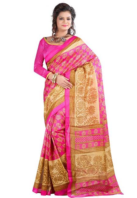 Pink Queen Printed Mysore Art Silk Sarees With Blouse