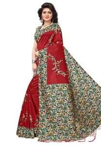 Sana Red Jhalar Printed Mysore Art Silk Sarees With Blouse