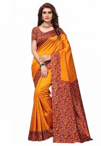 Sofi Mustard Printed Mysore Art Silk Sarees With Blouse