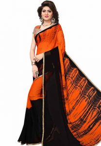 Orange Women Printed Chiffon Sarees With Blouse