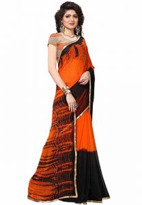 Orange Women Printed Chiffon Sarees With Blouse