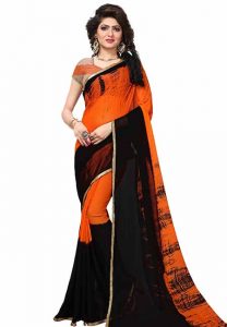 Orange Women Printed Chiffon Sarees With Blouse