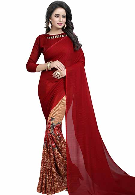 Half Maroon Printed Special Georgette Sarees With Blouse