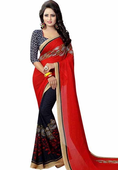 Partly Red Printed Special Georgette Sarees With Blouse