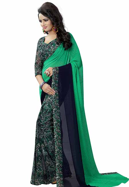 Trump Green Printed Premium Georgette Sarees With Blouse