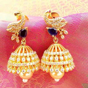 Amazing Blue AD Gold-plated Peacock Jhumkas