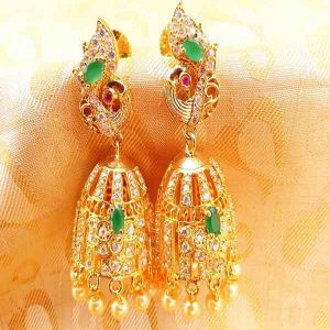 Gorgeous Green Peacock Jhumkas with Emerald Stone