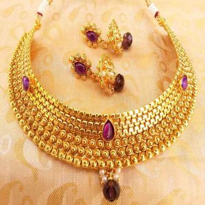 Pretty Purple Kemp Metallic Necklace Set with Jhumkas