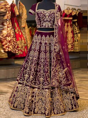 Wine Purple Color Wedding Wear Heavy Bridal Malai Satin Embroidery Lehenga Choli