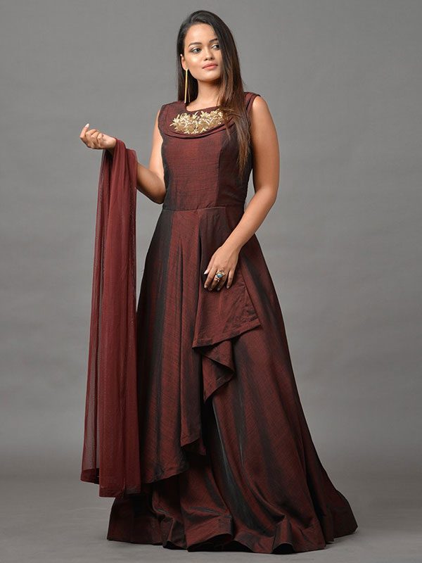 maroon color gown