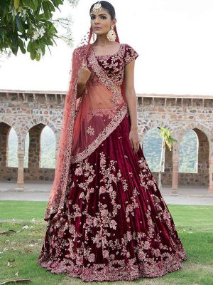 Buy Pink Embroidered Velvet Lehenga Choli With Double Dupatta Online At  Zeel Clothing