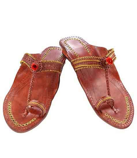 Eye-Catching Red Brown Flat Heel Punching Ladies Kolhapuri Chappal - Zakarto