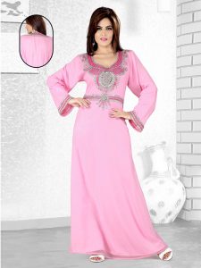 Baby Pink Embroidered Faux Georgette Kaftan