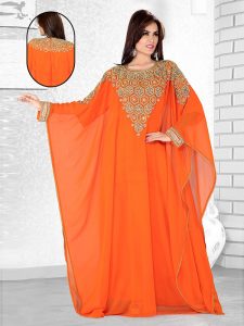 Orange Embroidered Faux Georgette Farasha