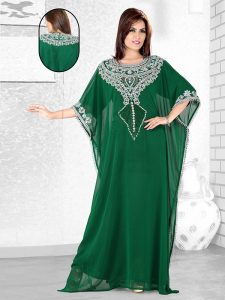 Bottle Green Embroidered Faux Georgette Farasha