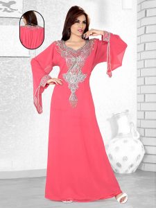 Peach Embroidered Faux Georgette Kaftan