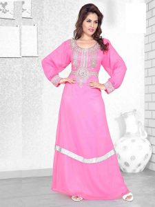 Pink Embroidered Faux Georgette Kaftan