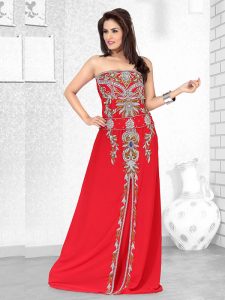 Red Embroidered Faux Georgette Fustan