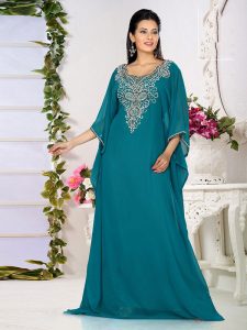 Turquoise Blue Embroidered Faux Georgette Farasha