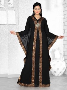 Black With Cheetah Print Satin Embroidered Faux Georgette Farasha