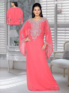 Peach Embroidered Faux Georgette Kaftan