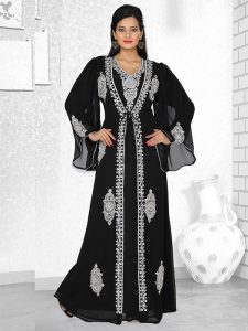 Black Embroidered Faux Georgette Kaftan