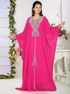 Fuchsia Pink Embroidered Faux Georgette Farasha