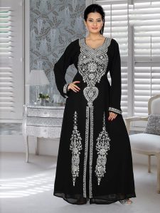 Black Embroidered Faux Georgette Kaftan