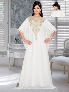 Off White Embroidered Faux Georgette Farasha