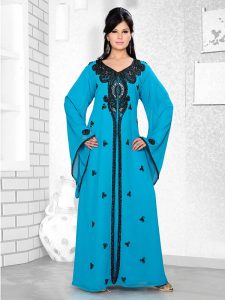 Turquoise Blue Embroidered Faux Georgette Kaftan