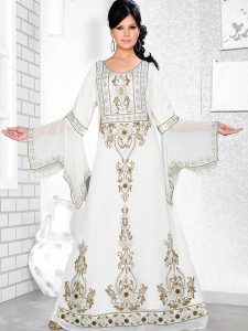 Off White Embroidered Faux Georgette Kaftan