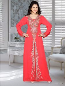 Coral Embroidered Faux Georgette Kaftan