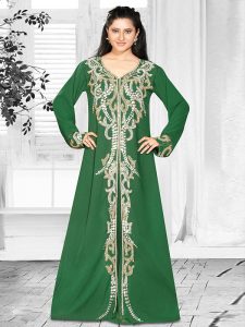 Bottle Green Embroidered Faux Georgette Kaftan