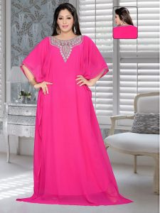 Fuchsia Pink Embroidered Faux Georgette Farasha